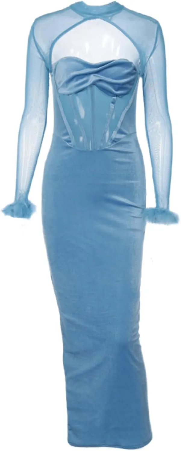 JUMISEE Women Elegant Velvet Corset Maxi Dress Evening Gown Sexy Sheer Mesh Long Sleeve Feather Cuff Cocktail Party Dress
