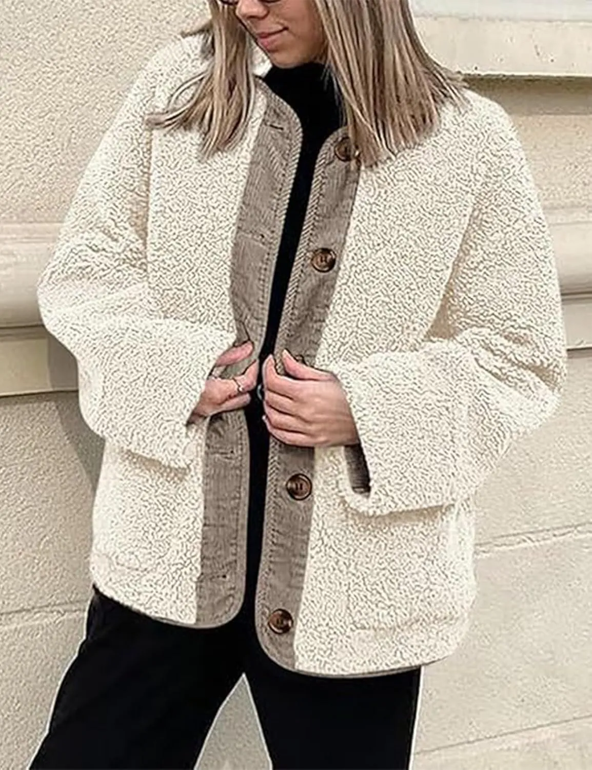 Kissonic Womens Fuzzy Sherpa Fleece Jackets Button Down Long Sleeve Corduroy Patchwork Outwear with Pockets