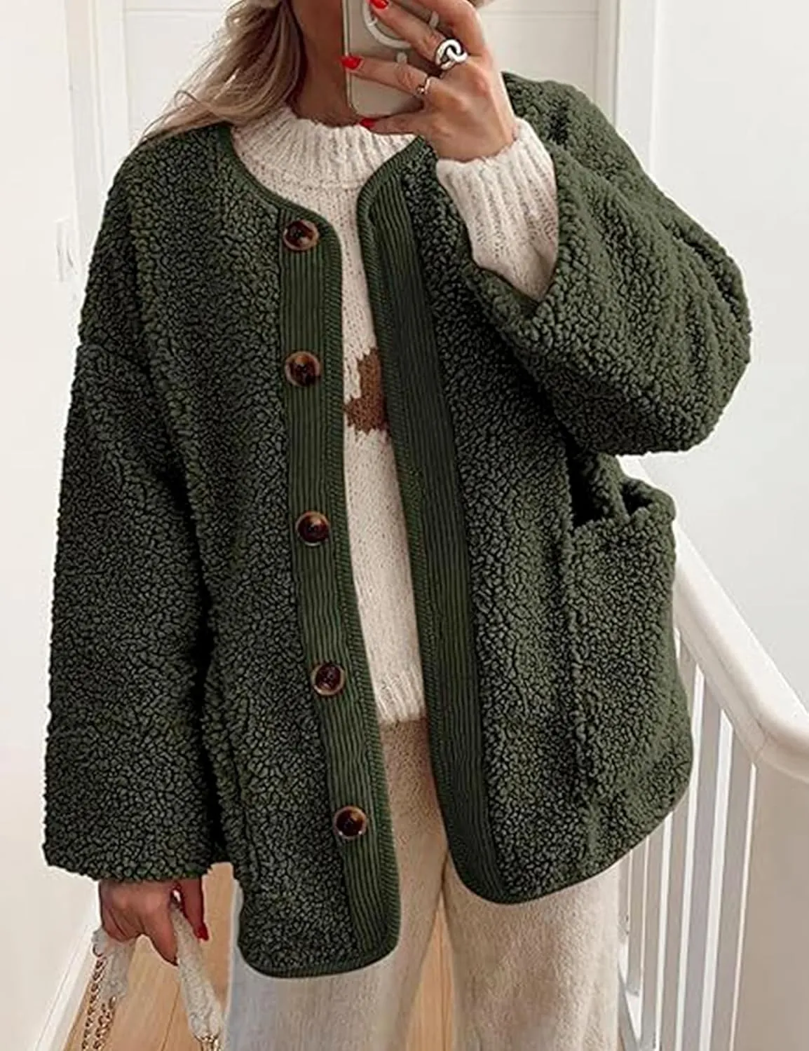 Kissonic Womens Fuzzy Sherpa Fleece Jackets Button Down Long Sleeve Corduroy Patchwork Outwear with Pockets