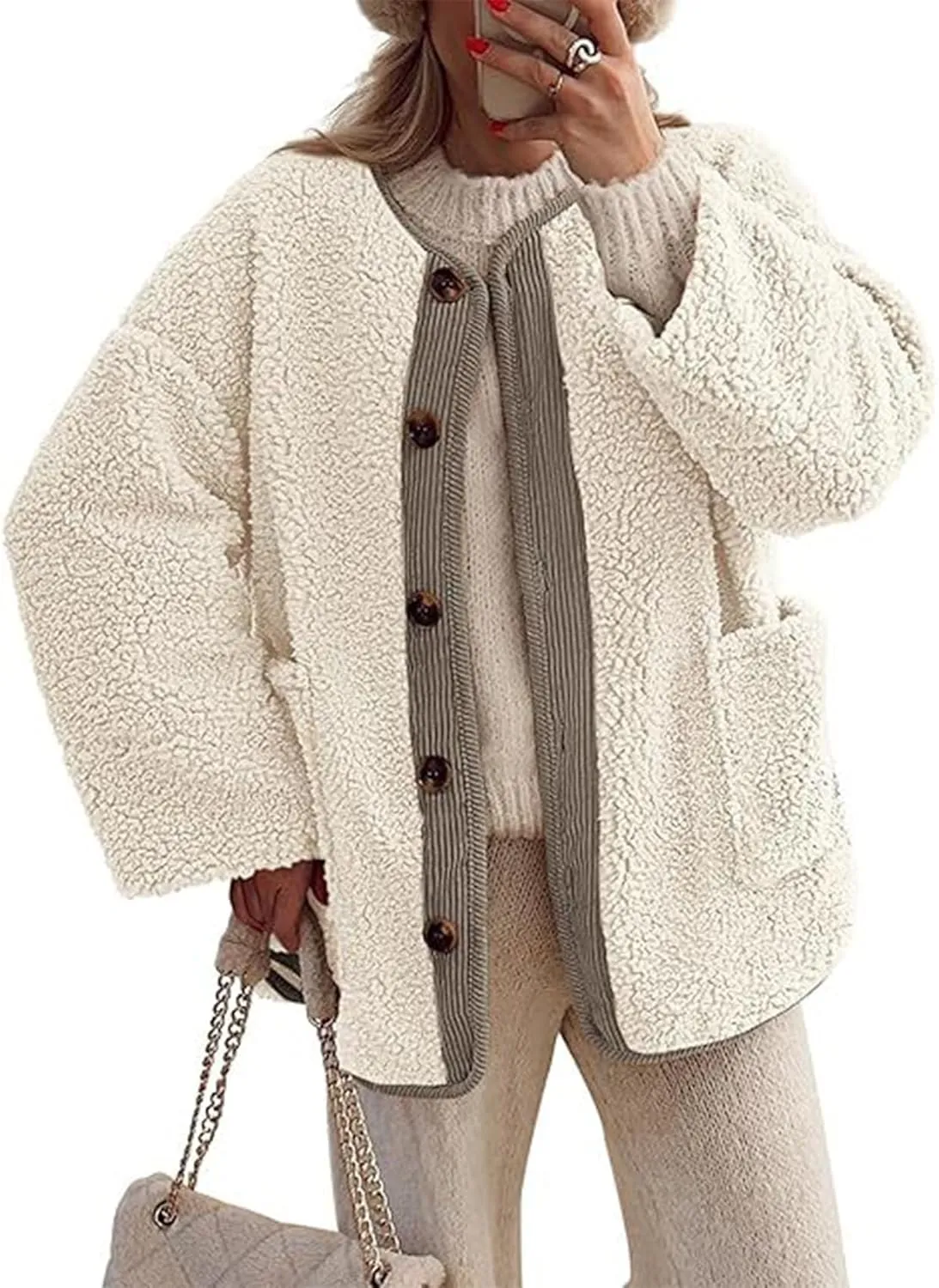 Kissonic Womens Fuzzy Sherpa Fleece Jackets Button Down Long Sleeve Corduroy Patchwork Outwear with Pockets