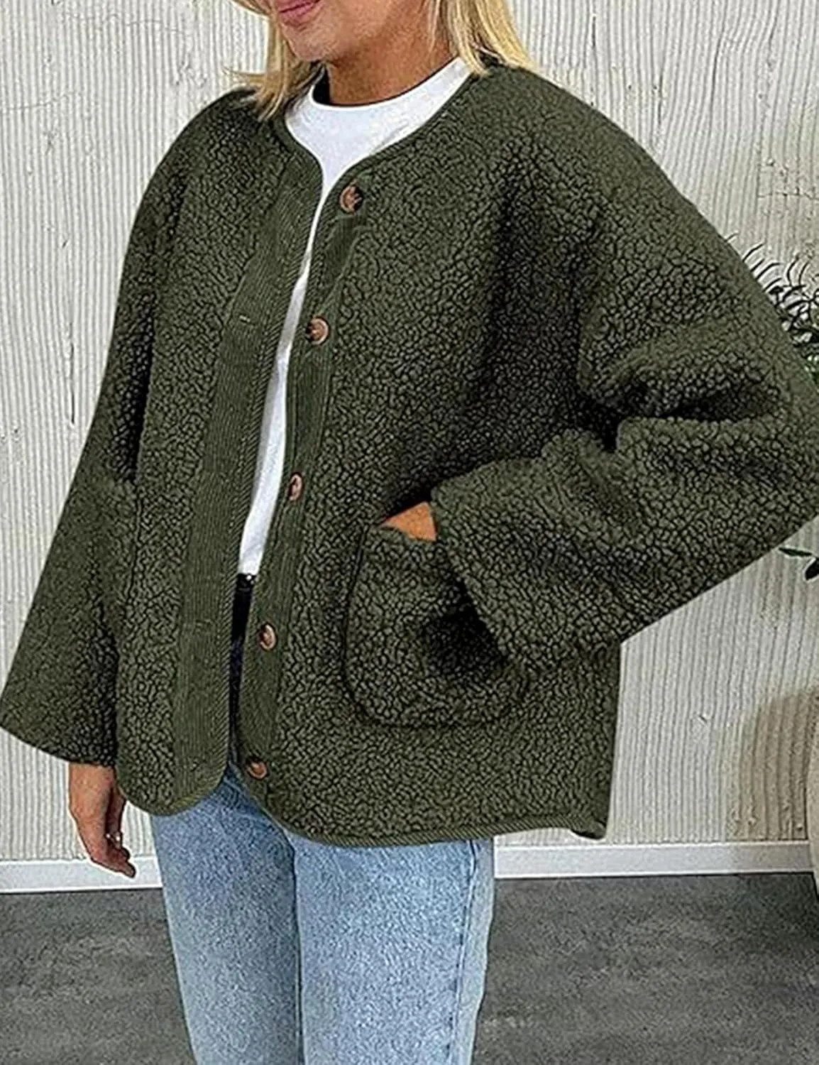 Kissonic Womens Fuzzy Sherpa Fleece Jackets Button Down Long Sleeve Corduroy Patchwork Outwear with Pockets