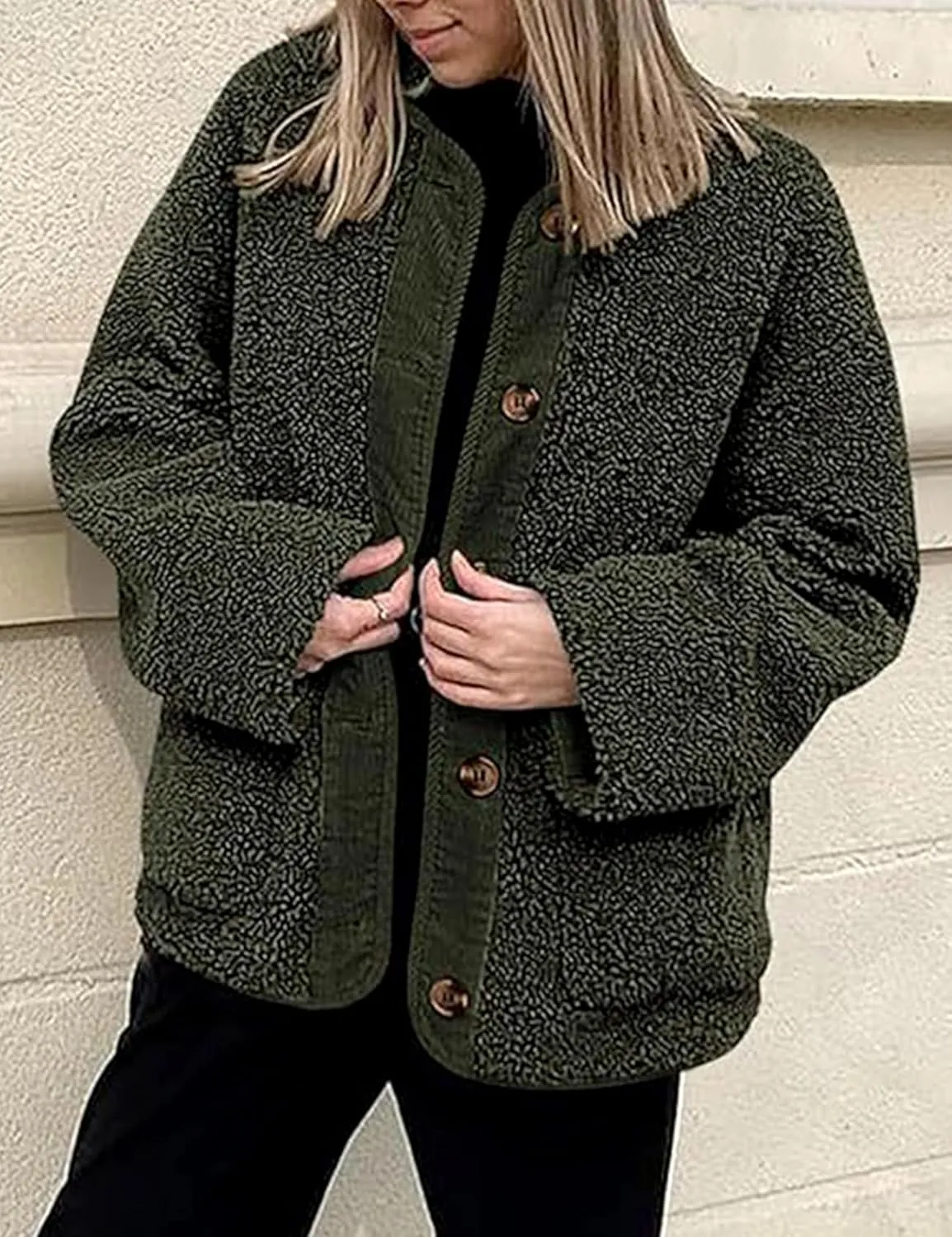 Kissonic Womens Fuzzy Sherpa Fleece Jackets Button Down Long Sleeve Corduroy Patchwork Outwear with Pockets