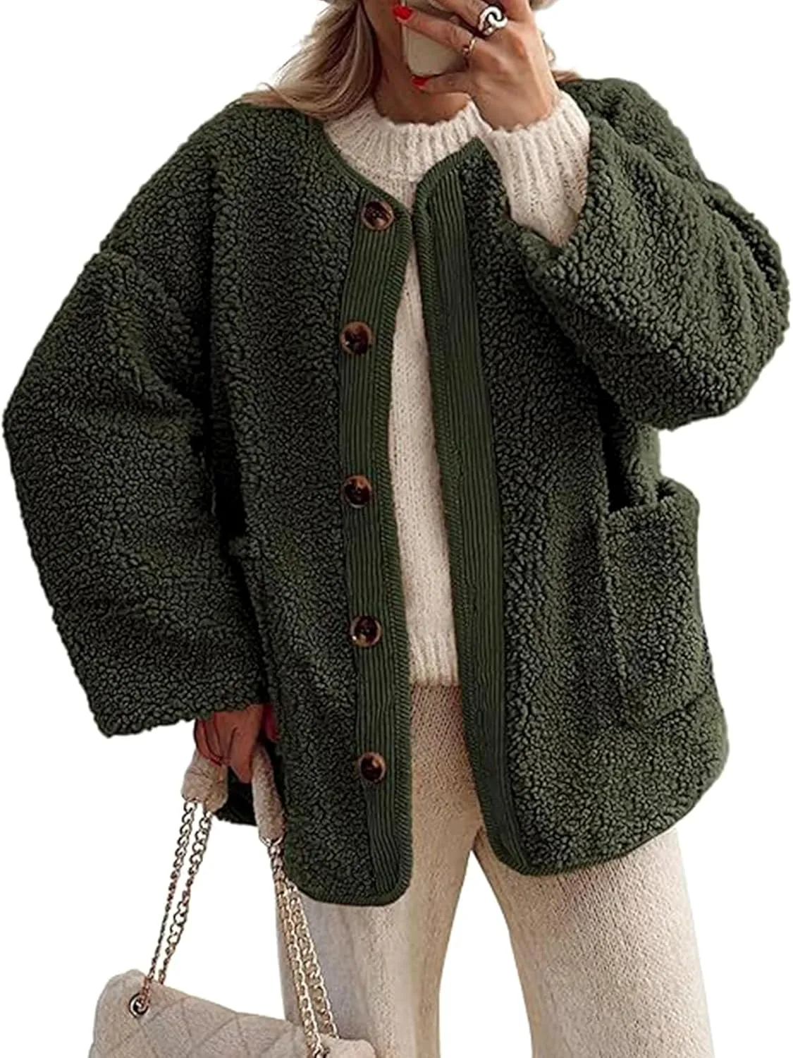 Kissonic Womens Fuzzy Sherpa Fleece Jackets Button Down Long Sleeve Corduroy Patchwork Outwear with Pockets