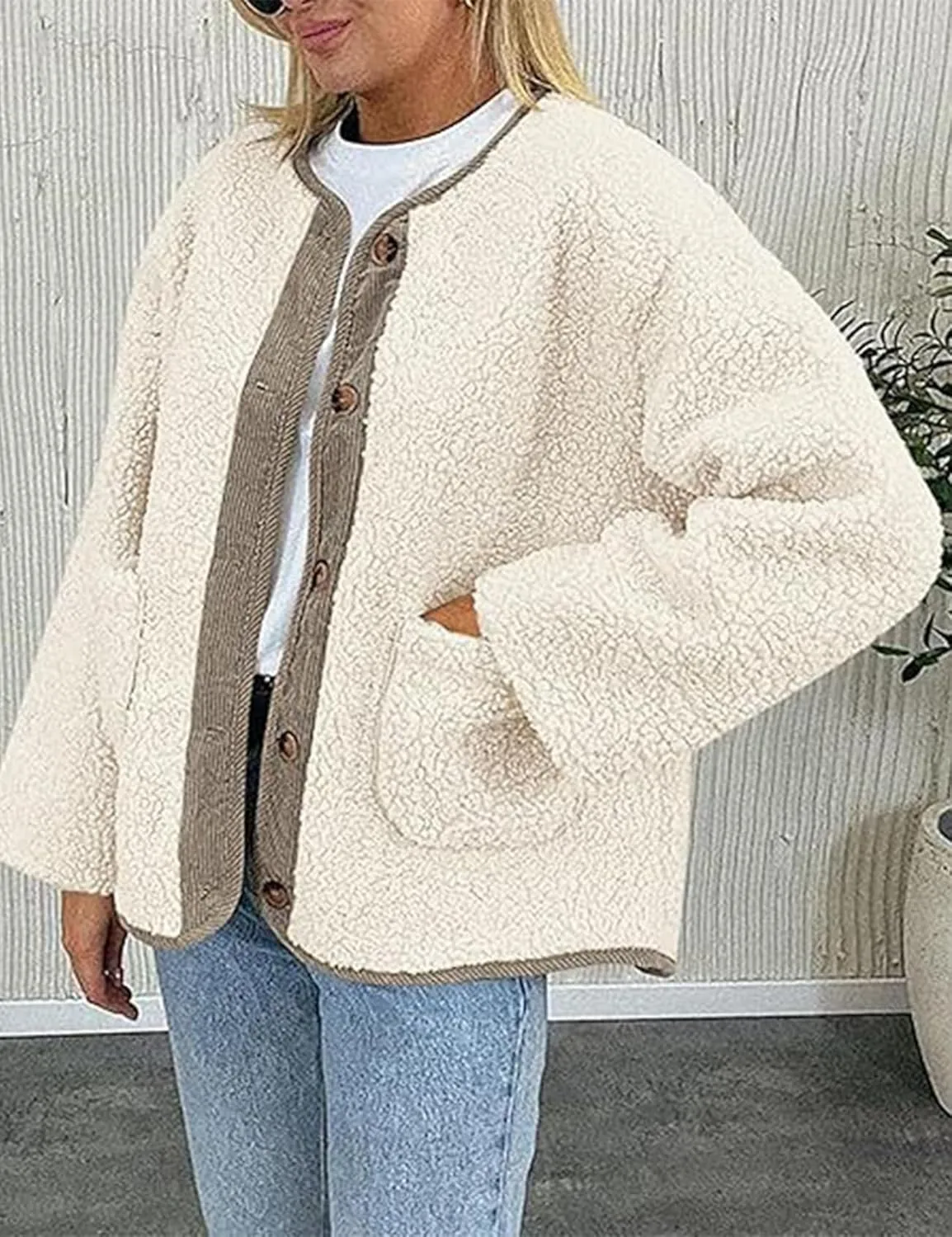 Kissonic Womens Fuzzy Sherpa Fleece Jackets Button Down Long Sleeve Corduroy Patchwork Outwear with Pockets