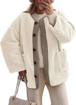Kissonic Womens Fuzzy Sherpa Fleece Jackets Button Down Long Sleeve Corduroy Patchwork Outwear with Pockets