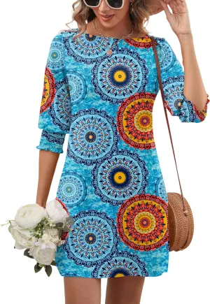 LUYAA Womens Summer Mini Dresses Boatneck 3/4 Puff Sleeve Floral T Shirt Dress with Pockets Boho Dresses Fashion Trendy 2025
