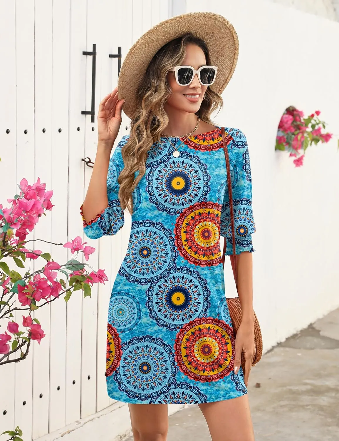 LUYAA Womens Summer Mini Dresses Boatneck 3/4 Puff Sleeve Floral T Shirt Dress with Pockets Boho Dresses Fashion Trendy 2025