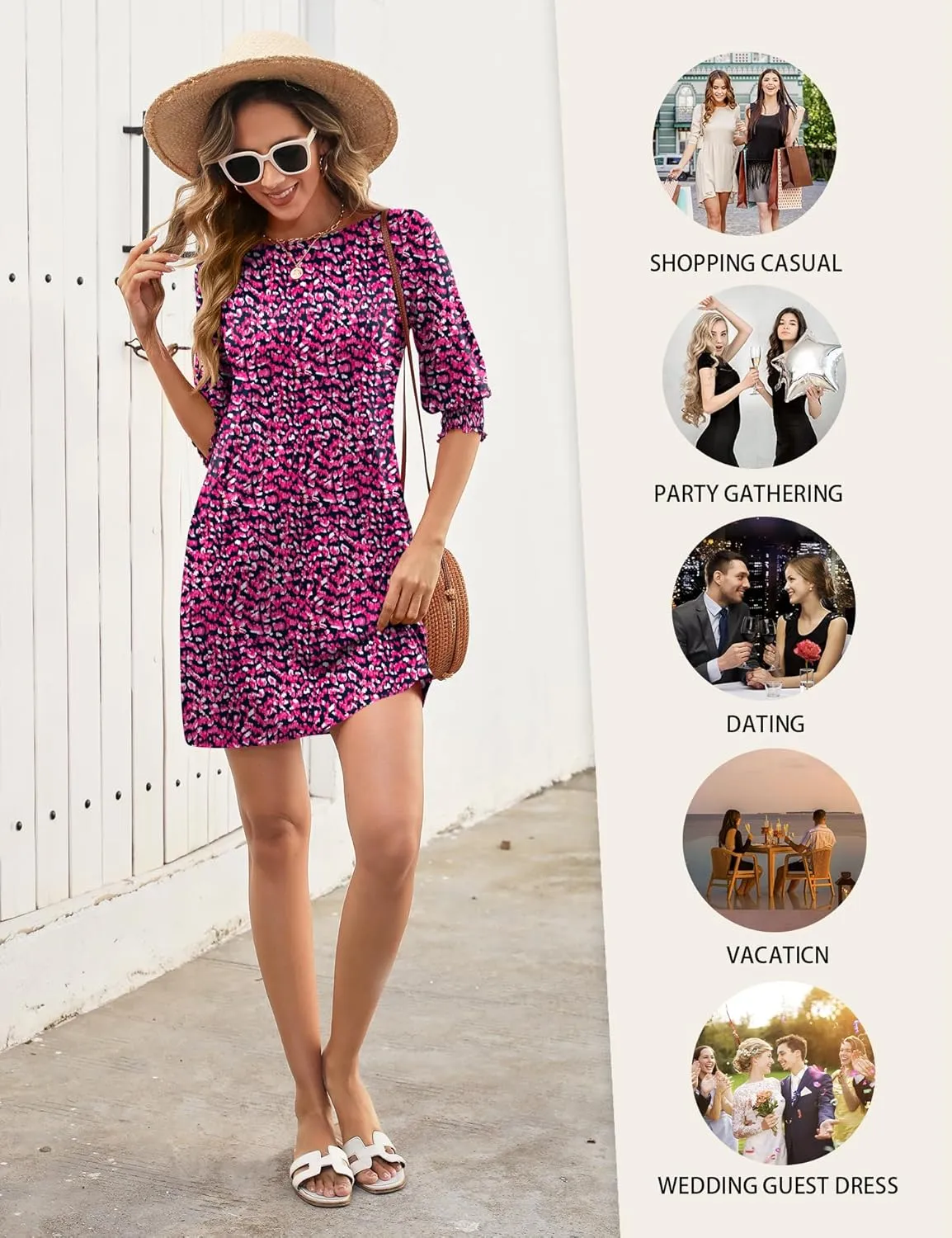 LUYAA Womens Summer Mini Dresses Boatneck 3/4 Puff Sleeve Floral T Shirt Dress with Pockets Boho Dresses Fashion Trendy 2025