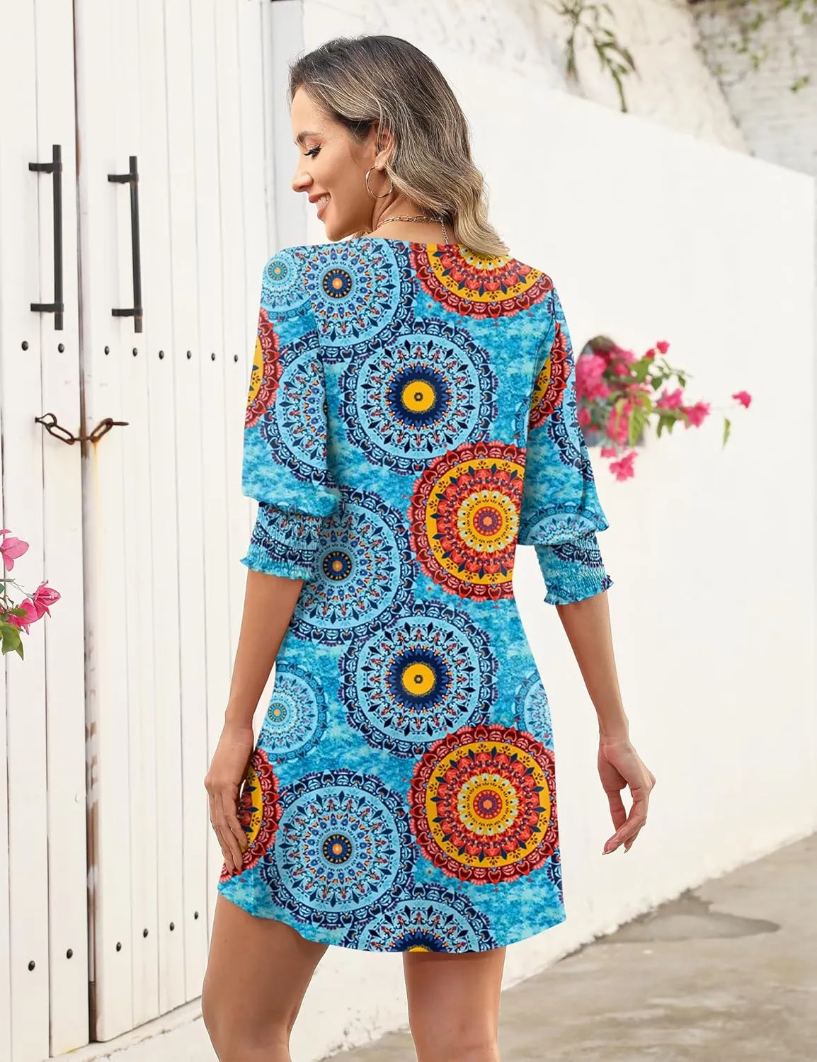 LUYAA Womens Summer Mini Dresses Boatneck 3/4 Puff Sleeve Floral T Shirt Dress with Pockets Boho Dresses Fashion Trendy 2025