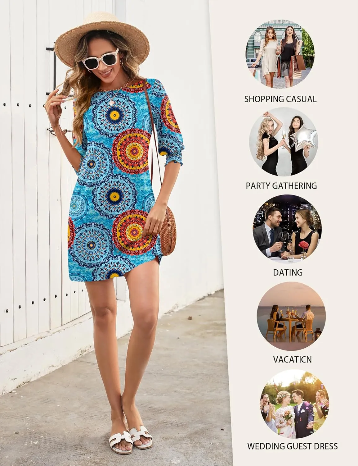 LUYAA Womens Summer Mini Dresses Boatneck 3/4 Puff Sleeve Floral T Shirt Dress with Pockets Boho Dresses Fashion Trendy 2025