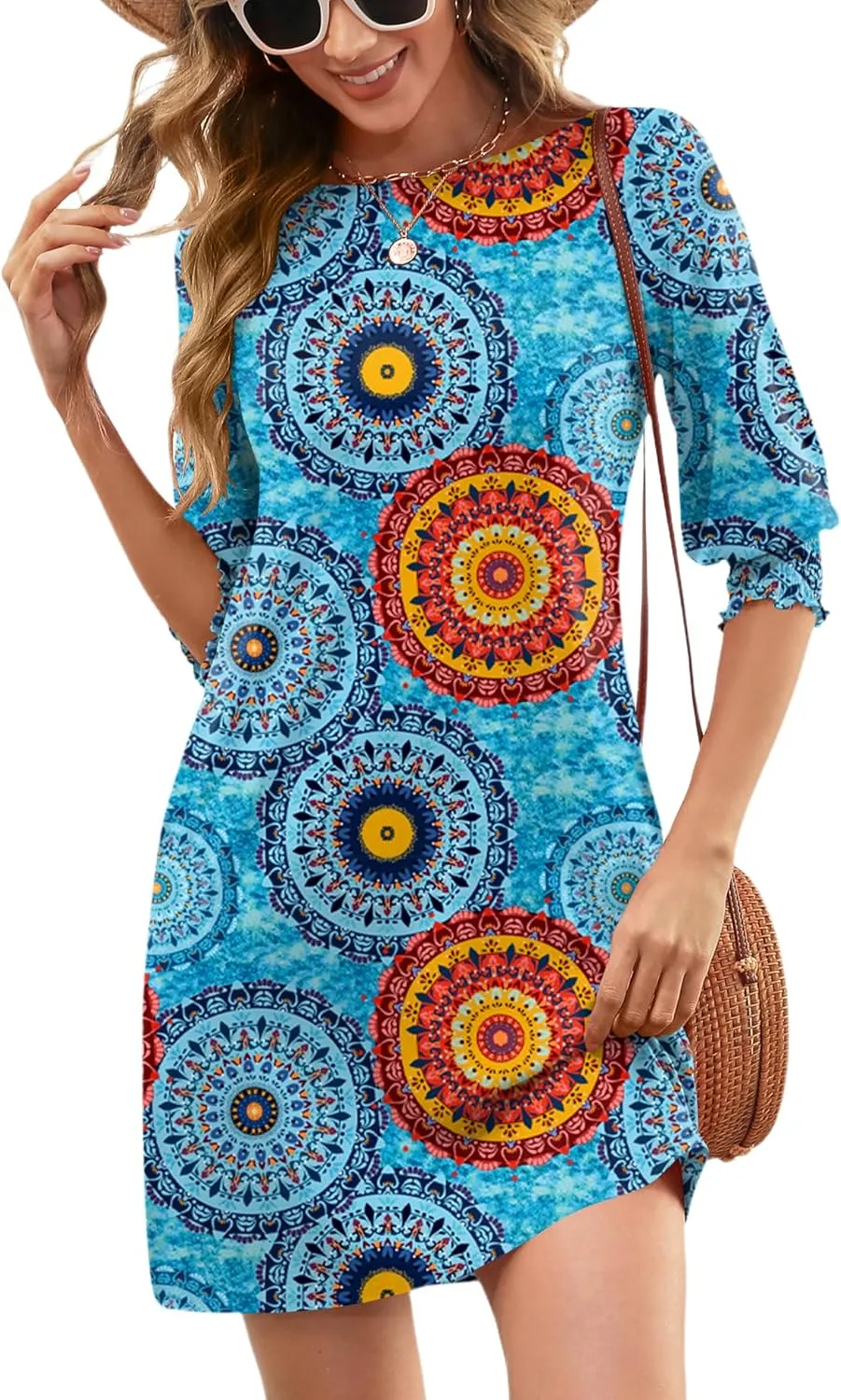 LUYAA Womens Summer Mini Dresses Boatneck 3/4 Puff Sleeve Floral T Shirt Dress with Pockets Boho Dresses Fashion Trendy 2025