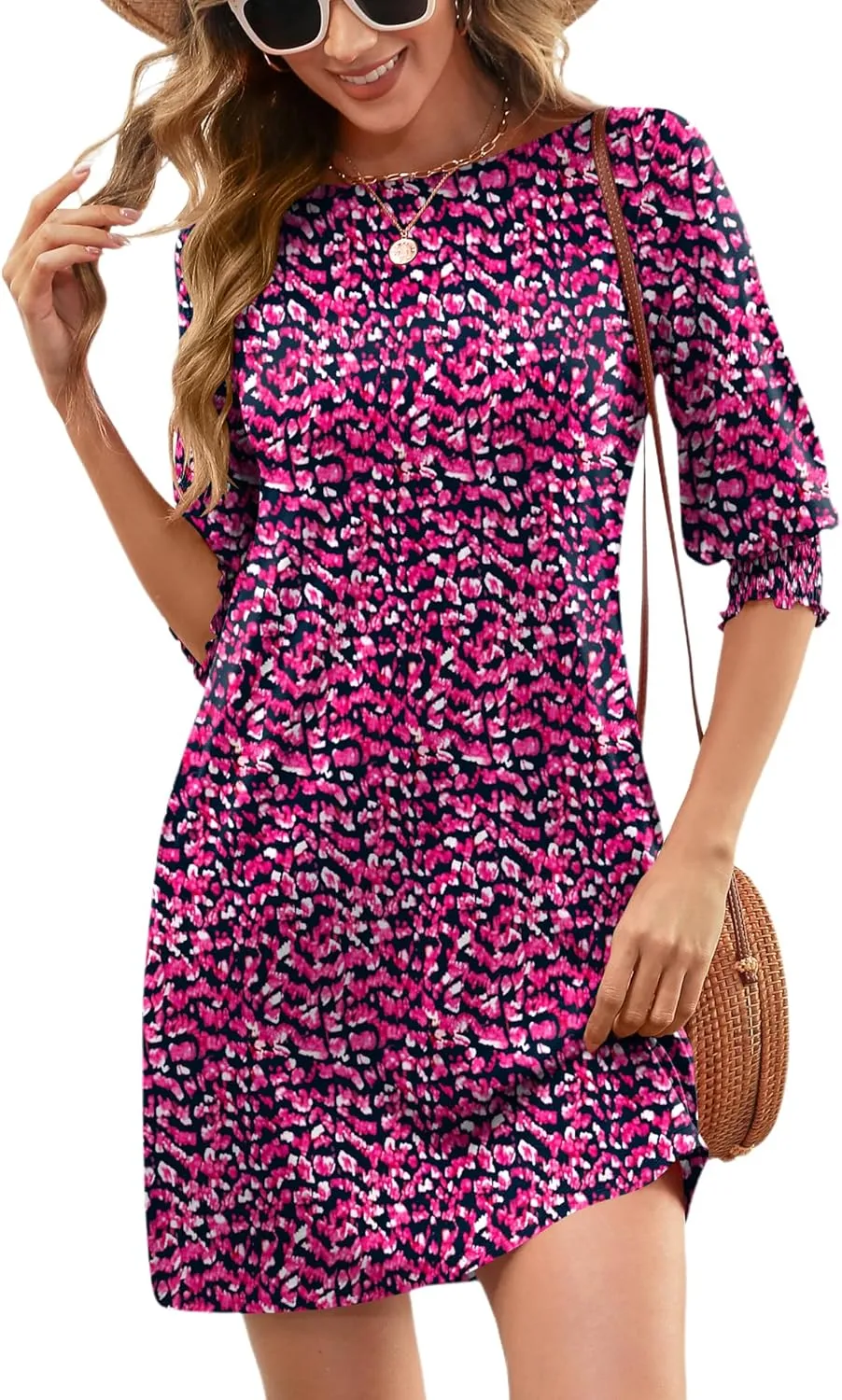 LUYAA Womens Summer Mini Dresses Boatneck 3/4 Puff Sleeve Floral T Shirt Dress with Pockets Boho Dresses Fashion Trendy 2025