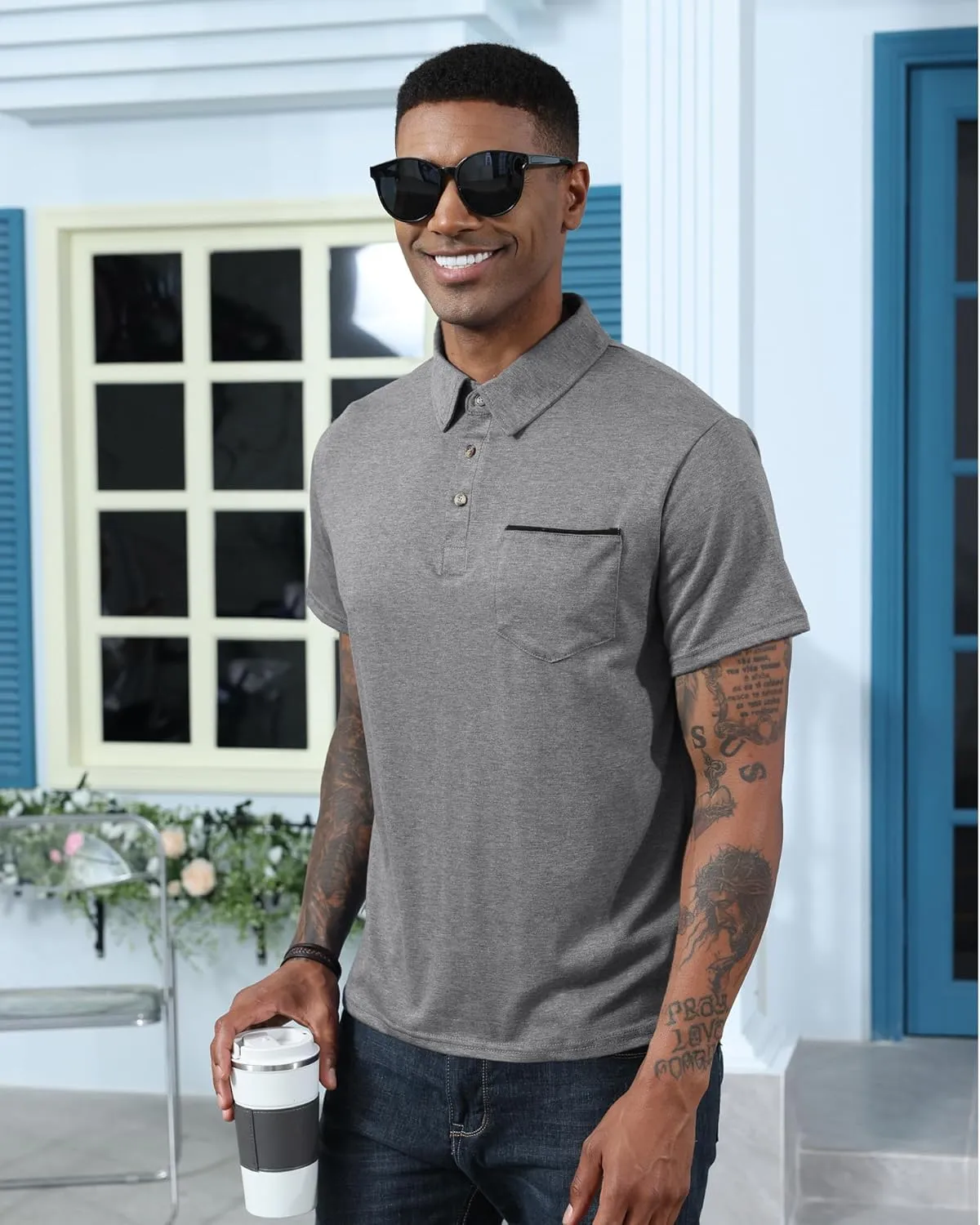 Mens Fashion Polo Shirts Cotton Classic Long Sleeve Thermal Button Shirt with Pocket