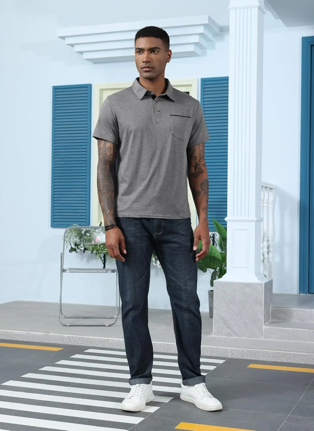 Mens Fashion Polo Shirts Cotton Classic Long Sleeve Thermal Button Shirt with Pocket