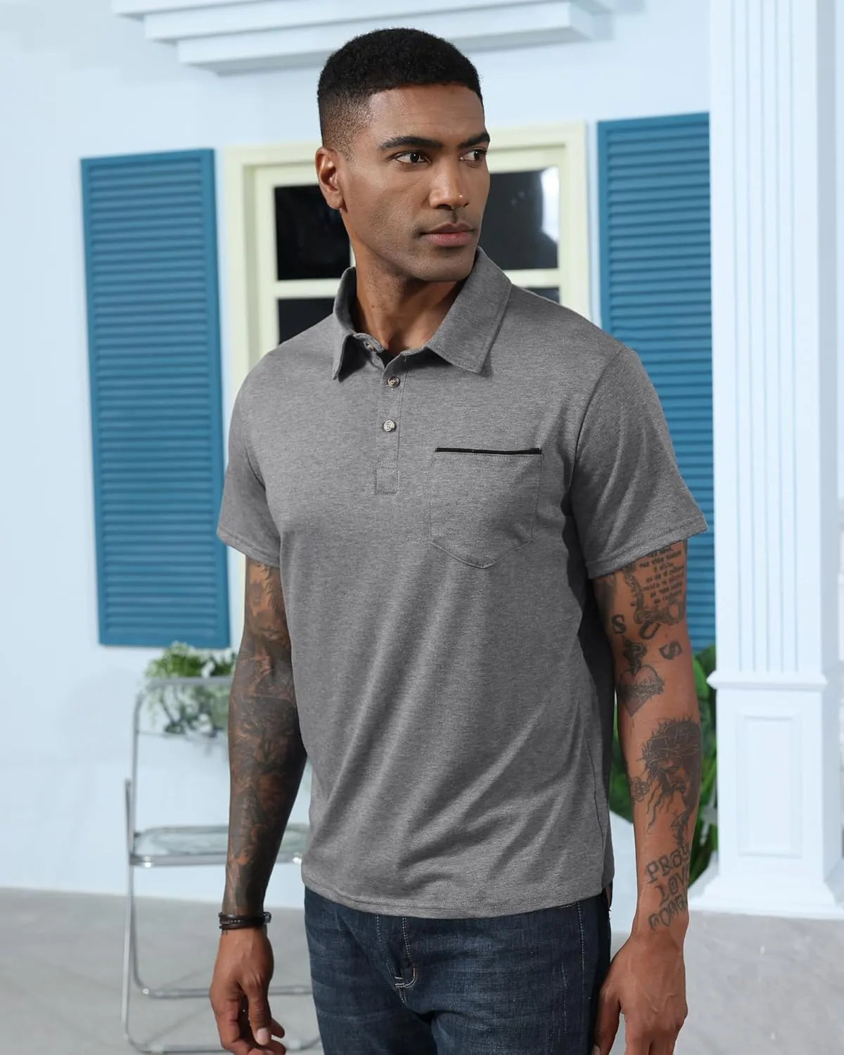 Mens Fashion Polo Shirts Cotton Classic Long Sleeve Thermal Button Shirt with Pocket
