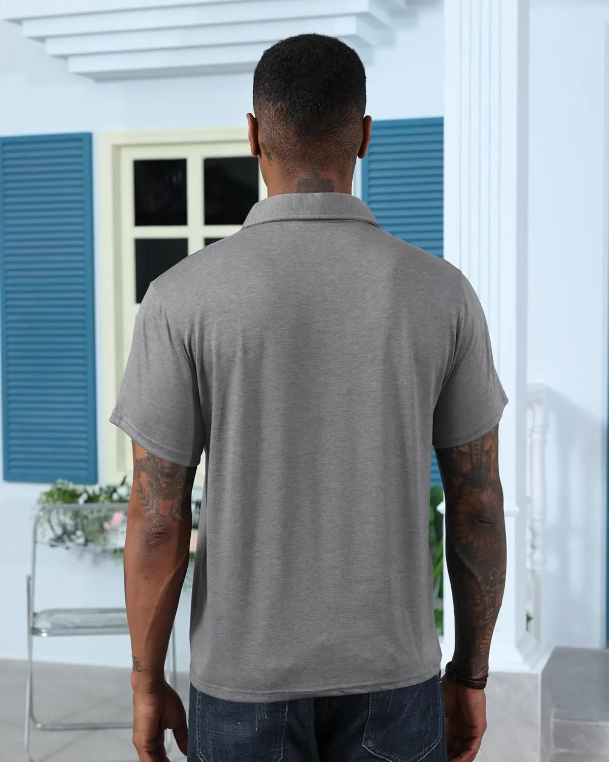 Mens Fashion Polo Shirts Cotton Classic Long Sleeve Thermal Button Shirt with Pocket