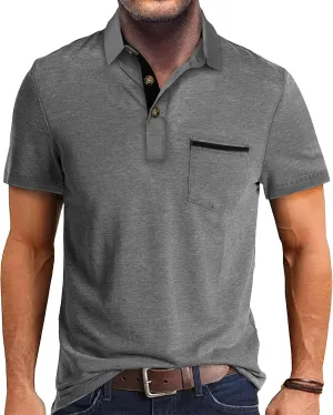 Mens Fashion Polo Shirts Cotton Classic Long Sleeve Thermal Button Shirt with Pocket