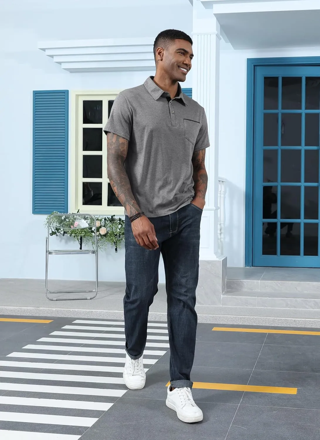 Mens Fashion Polo Shirts Cotton Classic Long Sleeve Thermal Button Shirt with Pocket