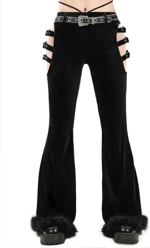 MEOWCOS Gothic Cowboy Pants Slim Fit Women Velvet Trousers Y2K Cut-Out Flared Pants with Belt