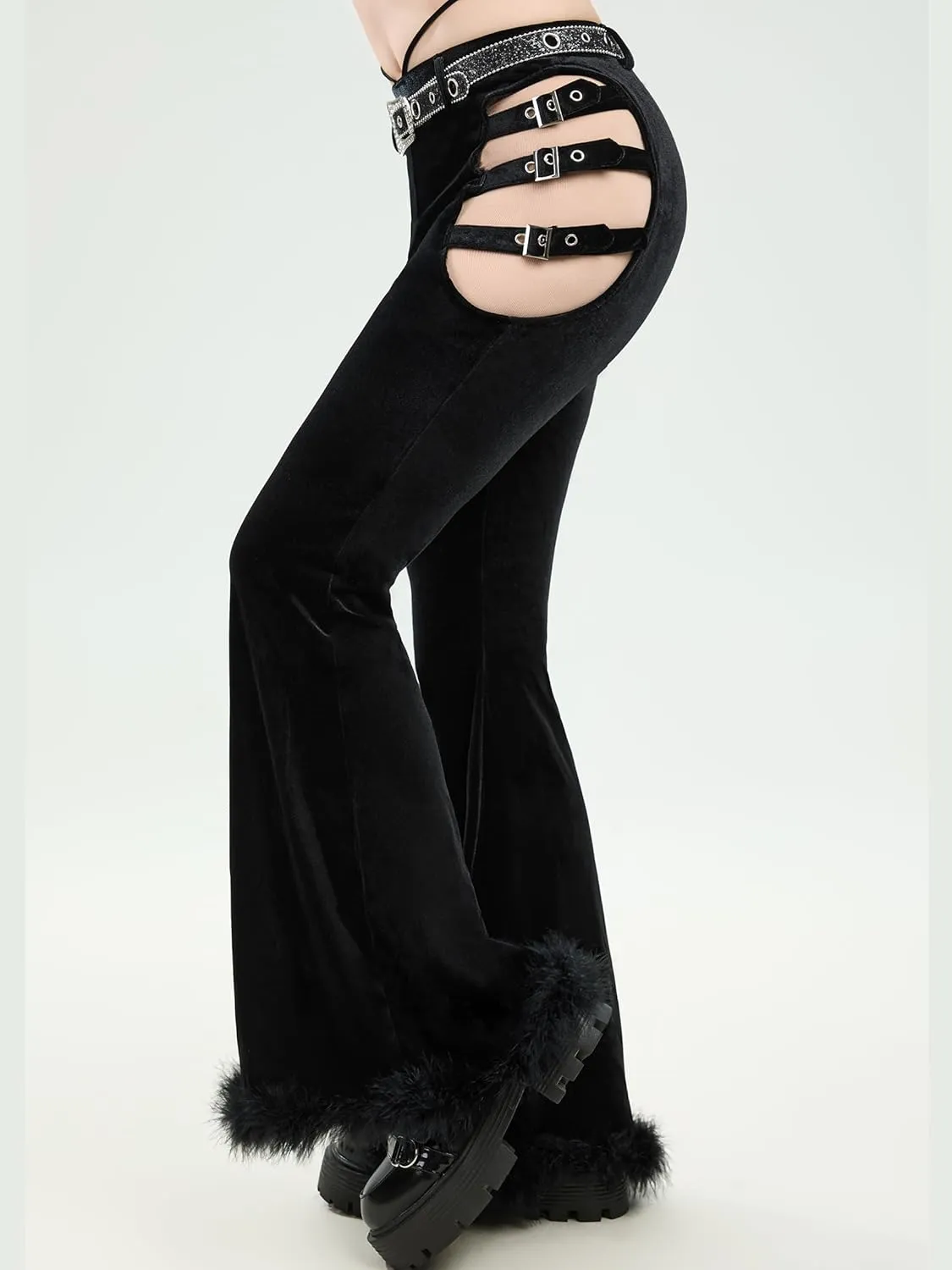 MEOWCOS Gothic Cowboy Pants Slim Fit Women Velvet Trousers Y2K Cut-Out Flared Pants with Belt