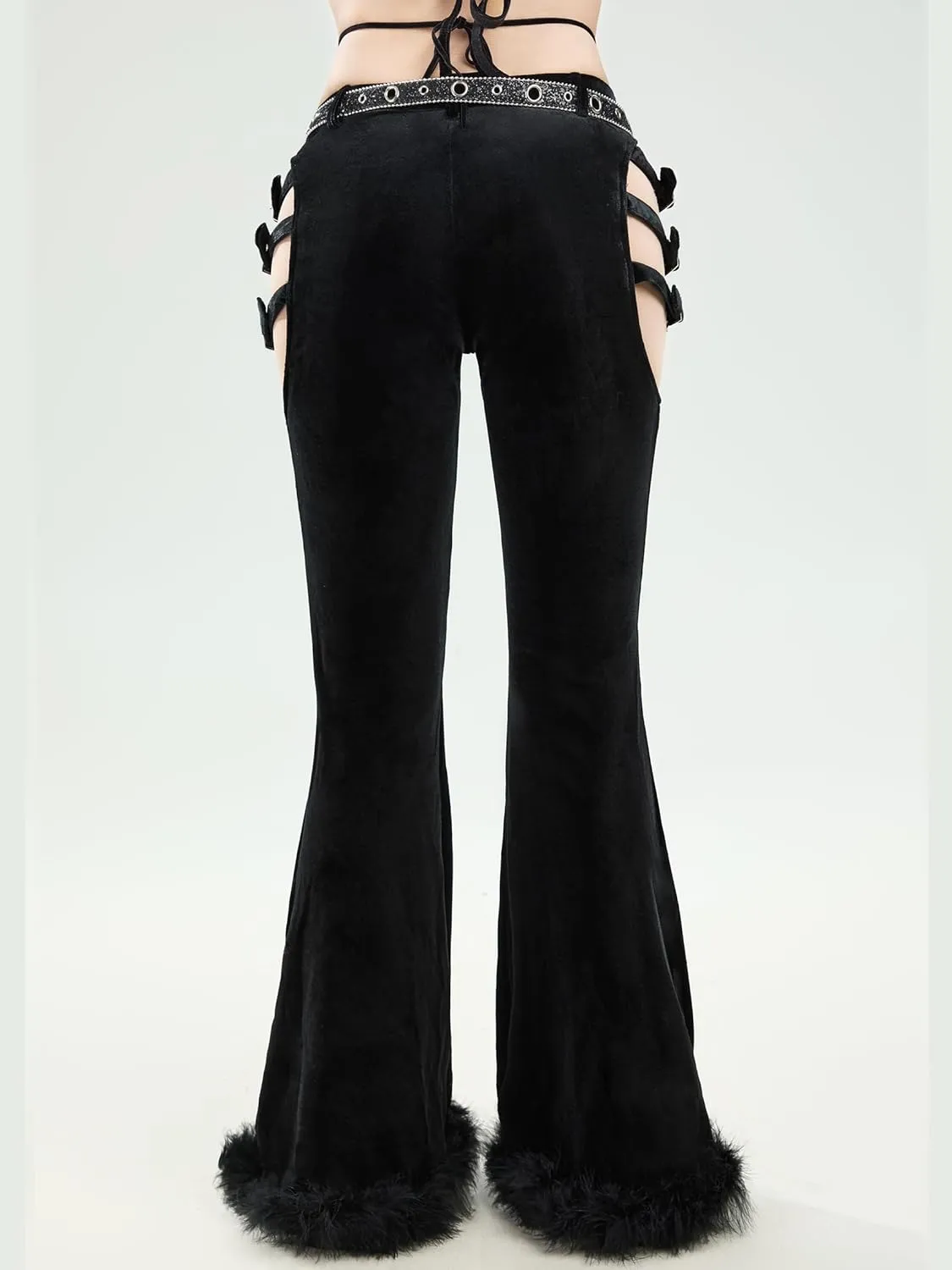 MEOWCOS Gothic Cowboy Pants Slim Fit Women Velvet Trousers Y2K Cut-Out Flared Pants with Belt