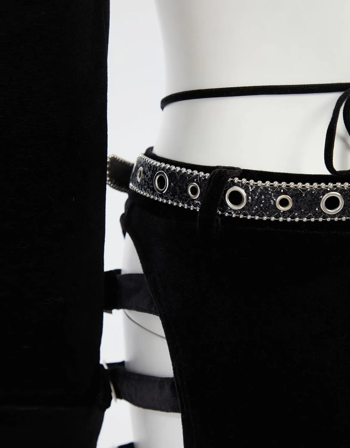 MEOWCOS Gothic Cowboy Pants Slim Fit Women Velvet Trousers Y2K Cut-Out Flared Pants with Belt