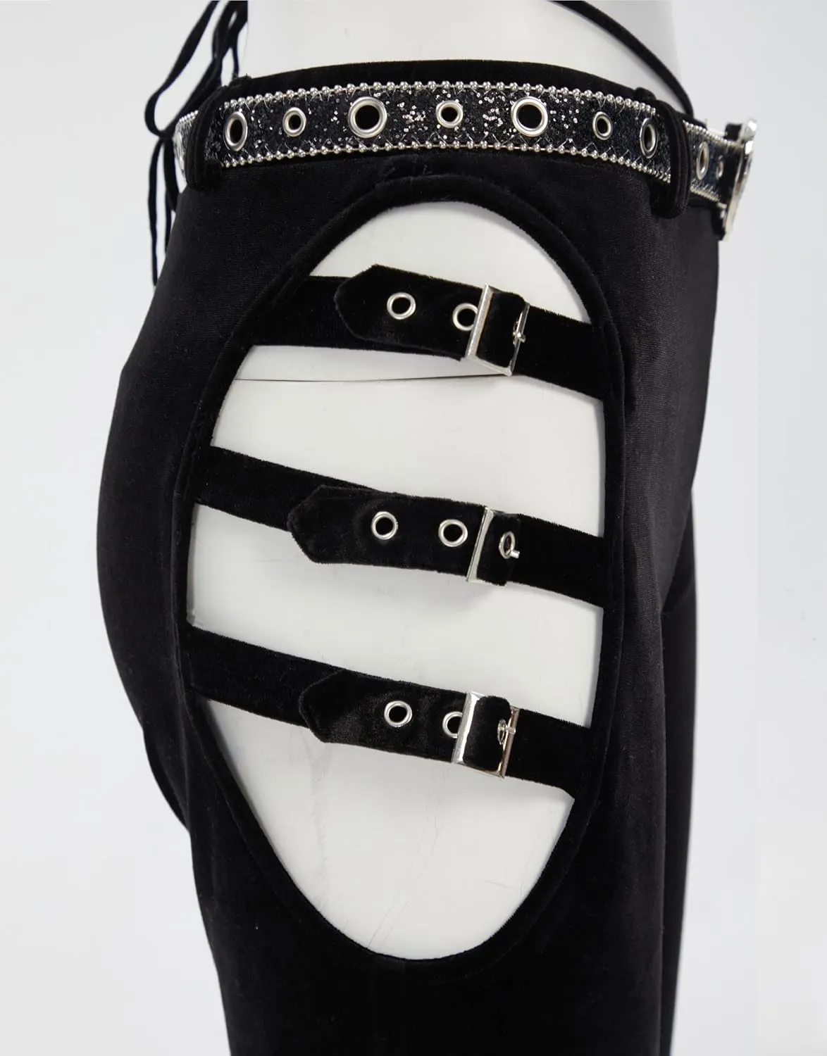 MEOWCOS Gothic Cowboy Pants Slim Fit Women Velvet Trousers Y2K Cut-Out Flared Pants with Belt