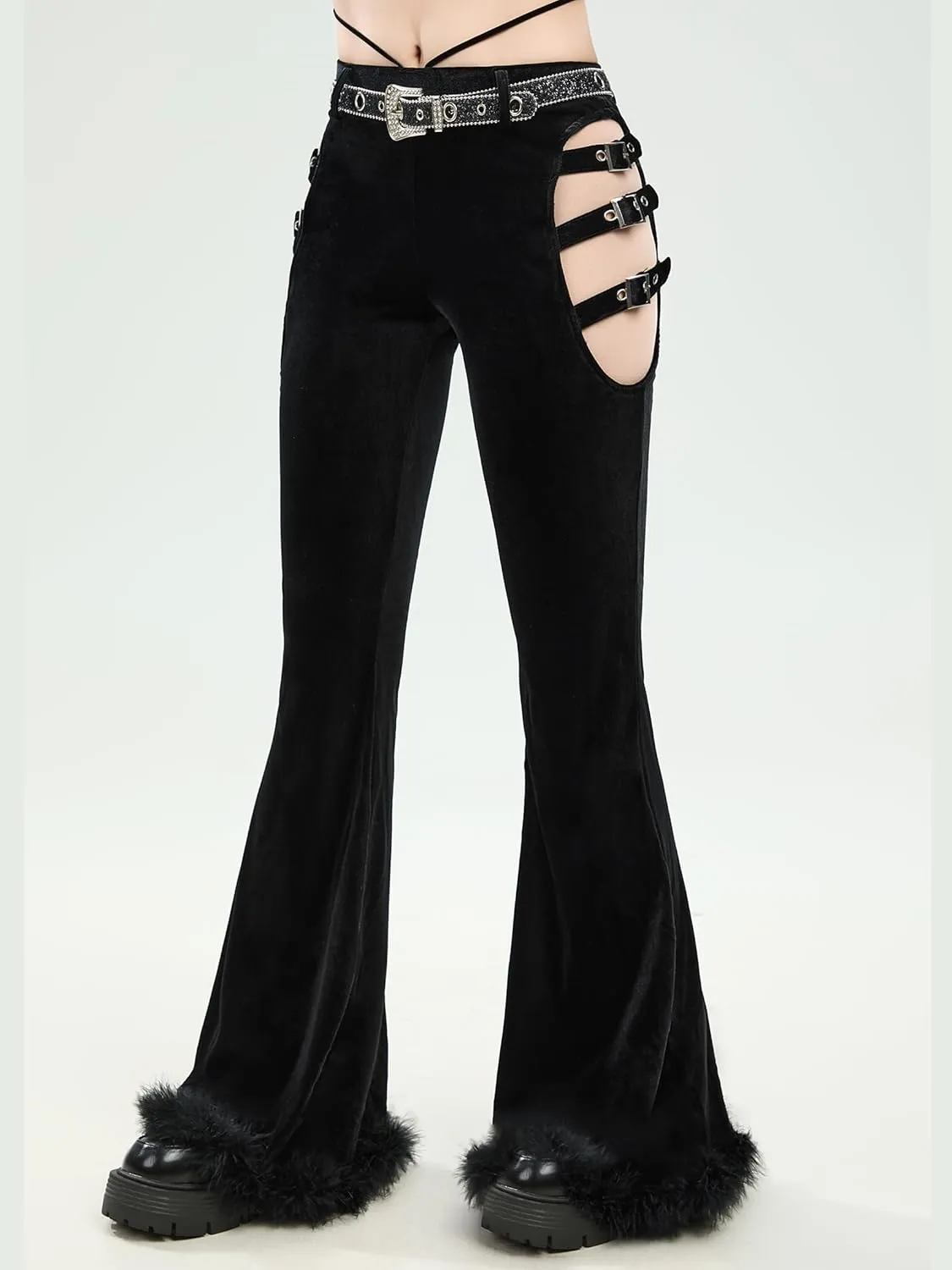 MEOWCOS Gothic Cowboy Pants Slim Fit Women Velvet Trousers Y2K Cut-Out Flared Pants with Belt