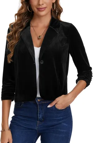 MINTLIMIT Velvet Blazer 3/4 Ruched Sleeve Notched Lapel Button Front Casual Work Office Blazer Jackets