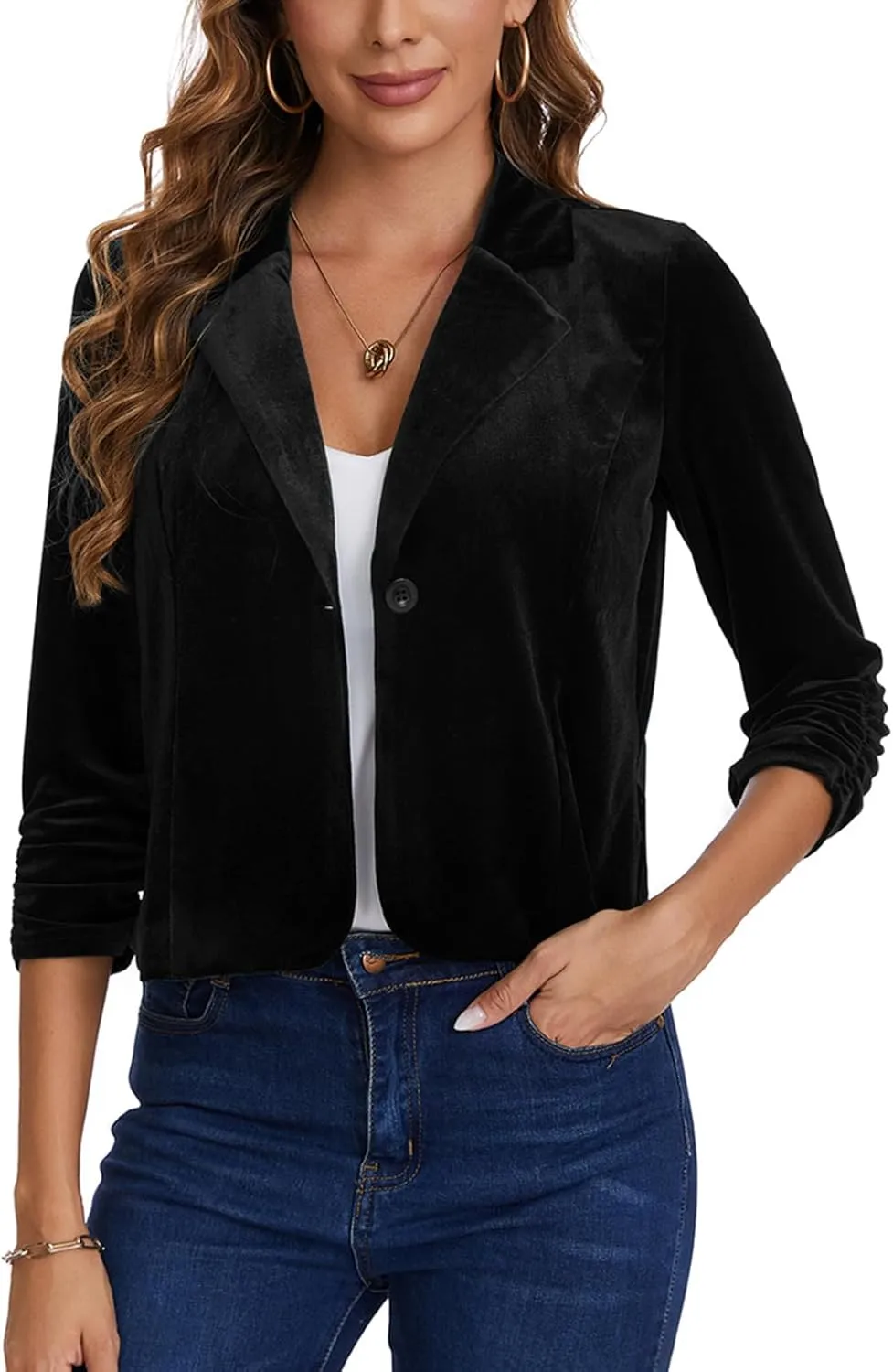 MINTLIMIT Velvet Blazer 3/4 Ruched Sleeve Notched Lapel Button Front Casual Work Office Blazer Jackets