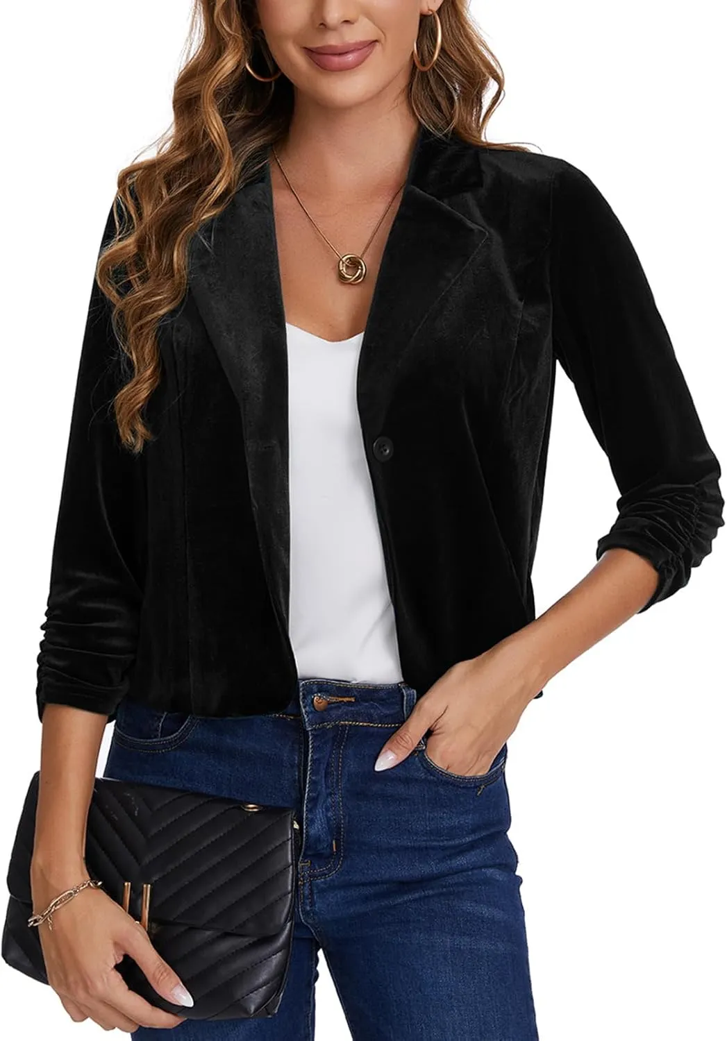 MINTLIMIT Velvet Blazer 3/4 Ruched Sleeve Notched Lapel Button Front Casual Work Office Blazer Jackets