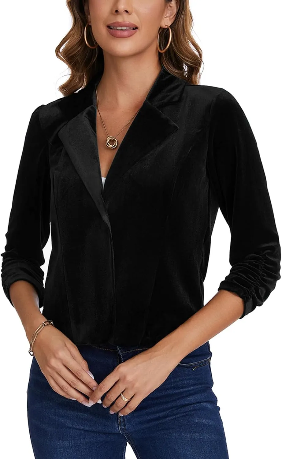 MINTLIMIT Velvet Blazer 3/4 Ruched Sleeve Notched Lapel Button Front Casual Work Office Blazer Jackets
