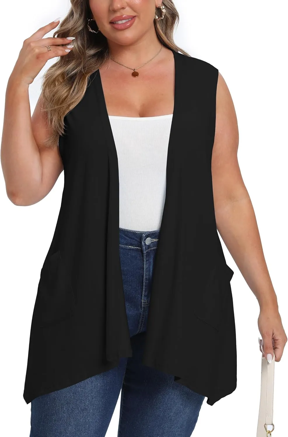 OLRIK Lightweight Plus Size Cardigan with Pocket Sleeveless Cardigans for Women Summer