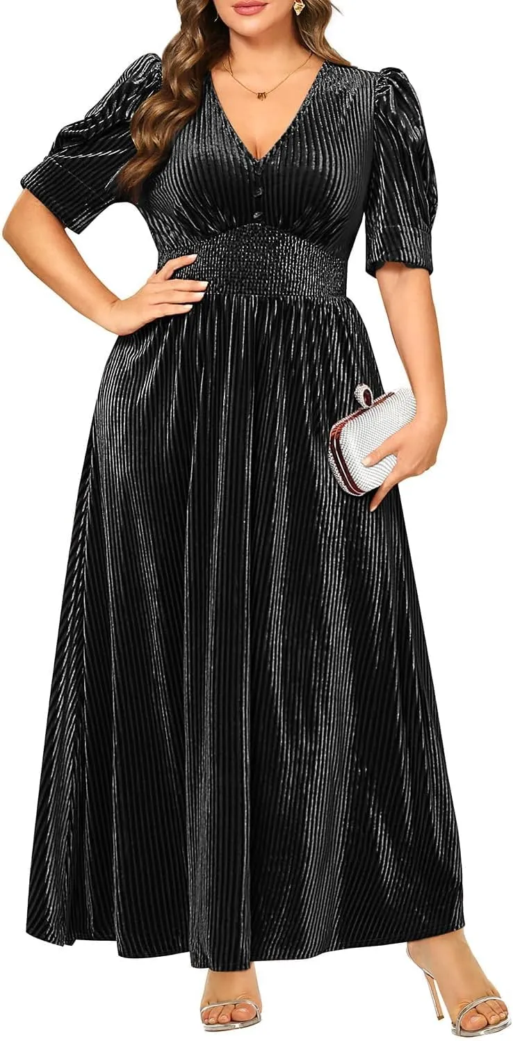 Pinup Fashion Velvet Wedding Guest Dress - Fall Formal Holiday V Neck Empire Waist Long Dresses