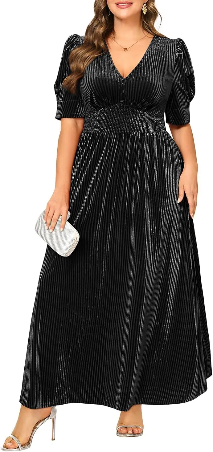 Pinup Fashion Velvet Wedding Guest Dress - Fall Formal Holiday V Neck Empire Waist Long Dresses