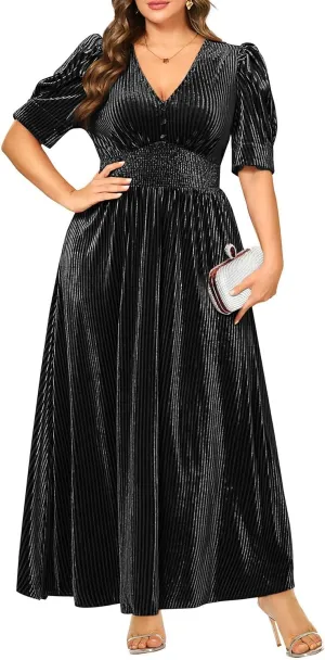 Pinup Fashion Velvet Wedding Guest Dress - Fall Formal Holiday V Neck Empire Waist Long Dresses