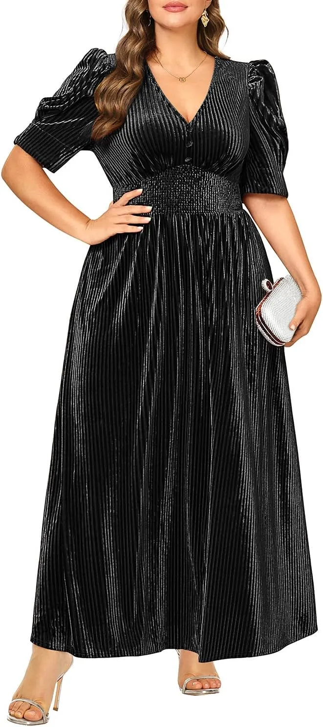 Pinup Fashion Velvet Wedding Guest Dress - Fall Formal Holiday V Neck Empire Waist Long Dresses