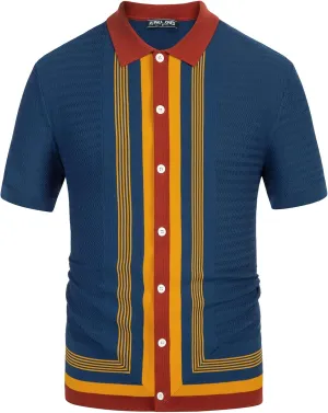 PJ PAUL JONES Men's Vintage Stripe Knit Polo Shirts Short Sleeve Stylish Button Down Cardigan Sweater