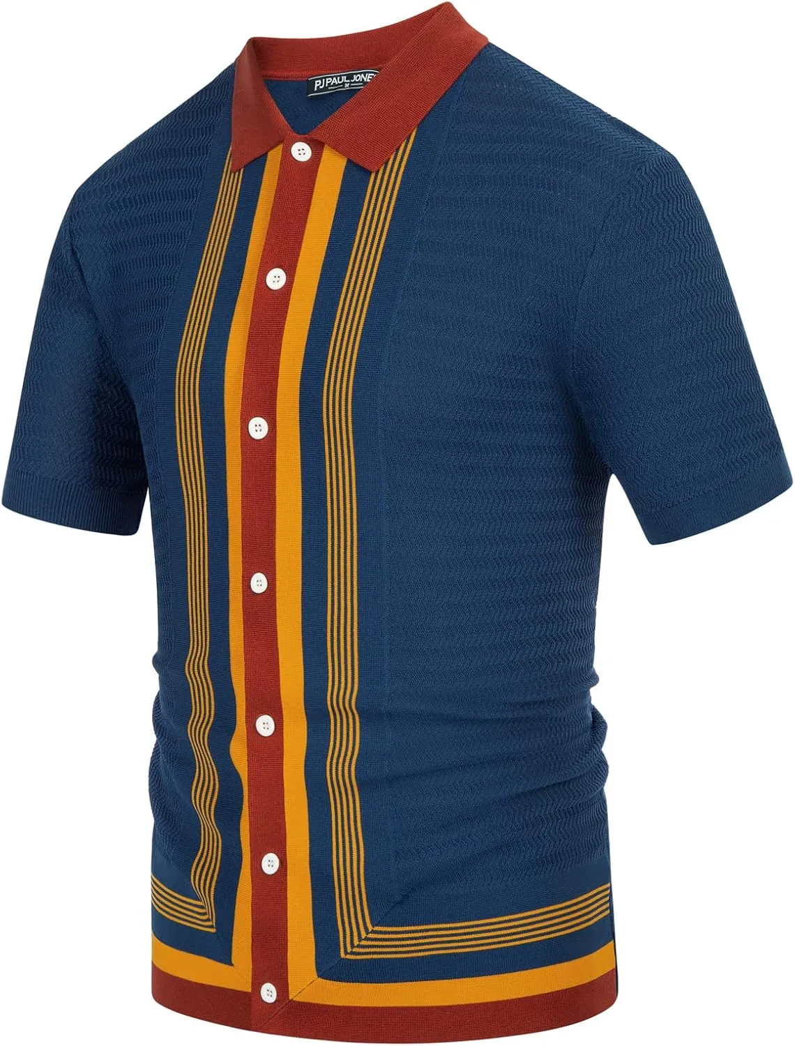 PJ PAUL JONES Men's Vintage Stripe Knit Polo Shirts Short Sleeve Stylish Button Down Cardigan Sweater