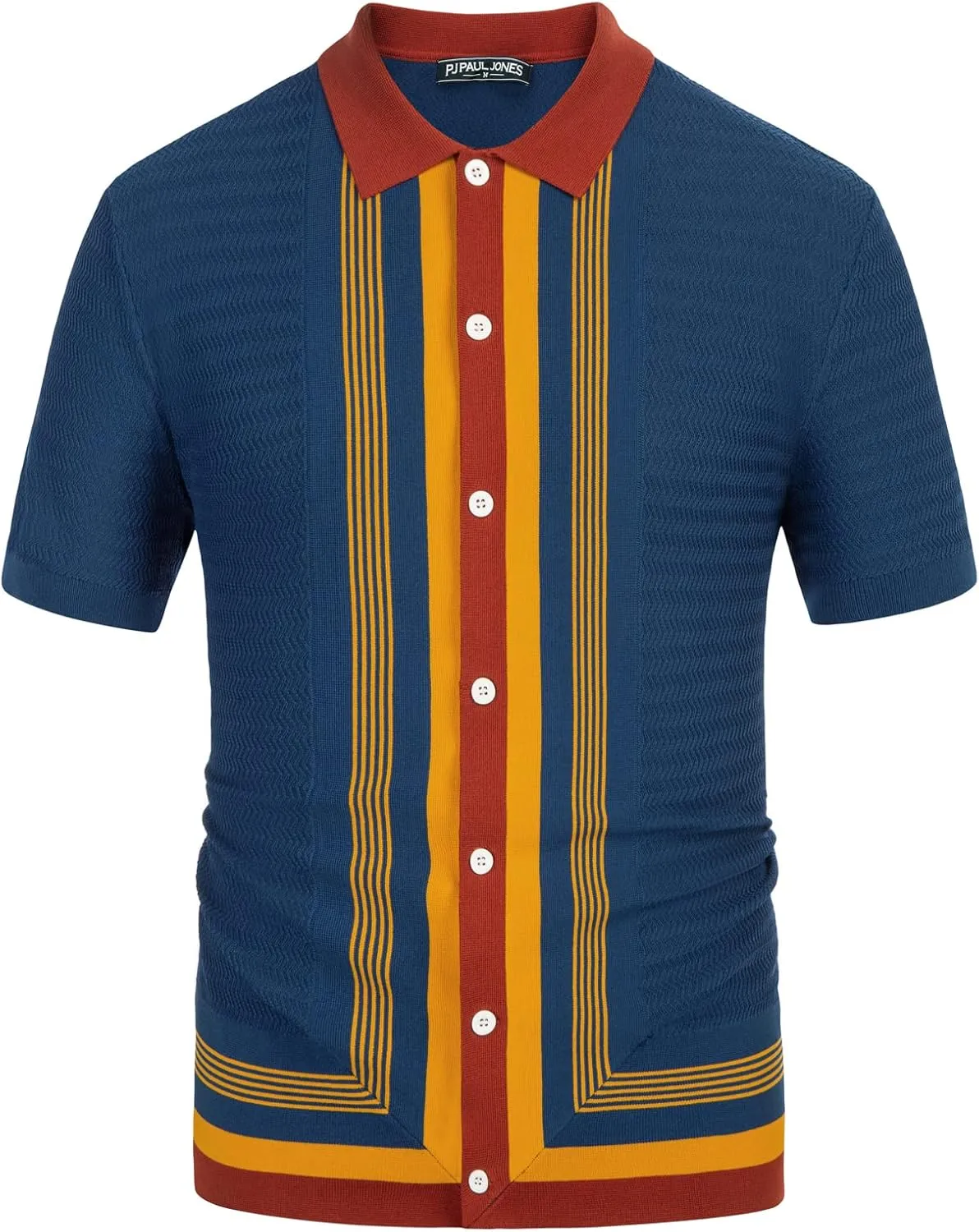 PJ PAUL JONES Men's Vintage Stripe Knit Polo Shirts Short Sleeve Stylish Button Down Cardigan Sweater