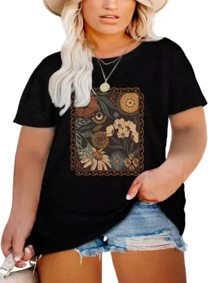 Plus Size Tops for Women Vintage Floral Graphic Tee Shirts Crewneck Short Sleeve Cozy Comfy Casual T-Shirt