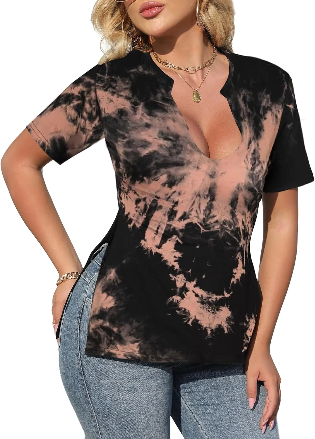 Remidoo Women's Side Slit Shirt Asymmetrical Tops Short Sleeve Tie Dye T Shirt Tees