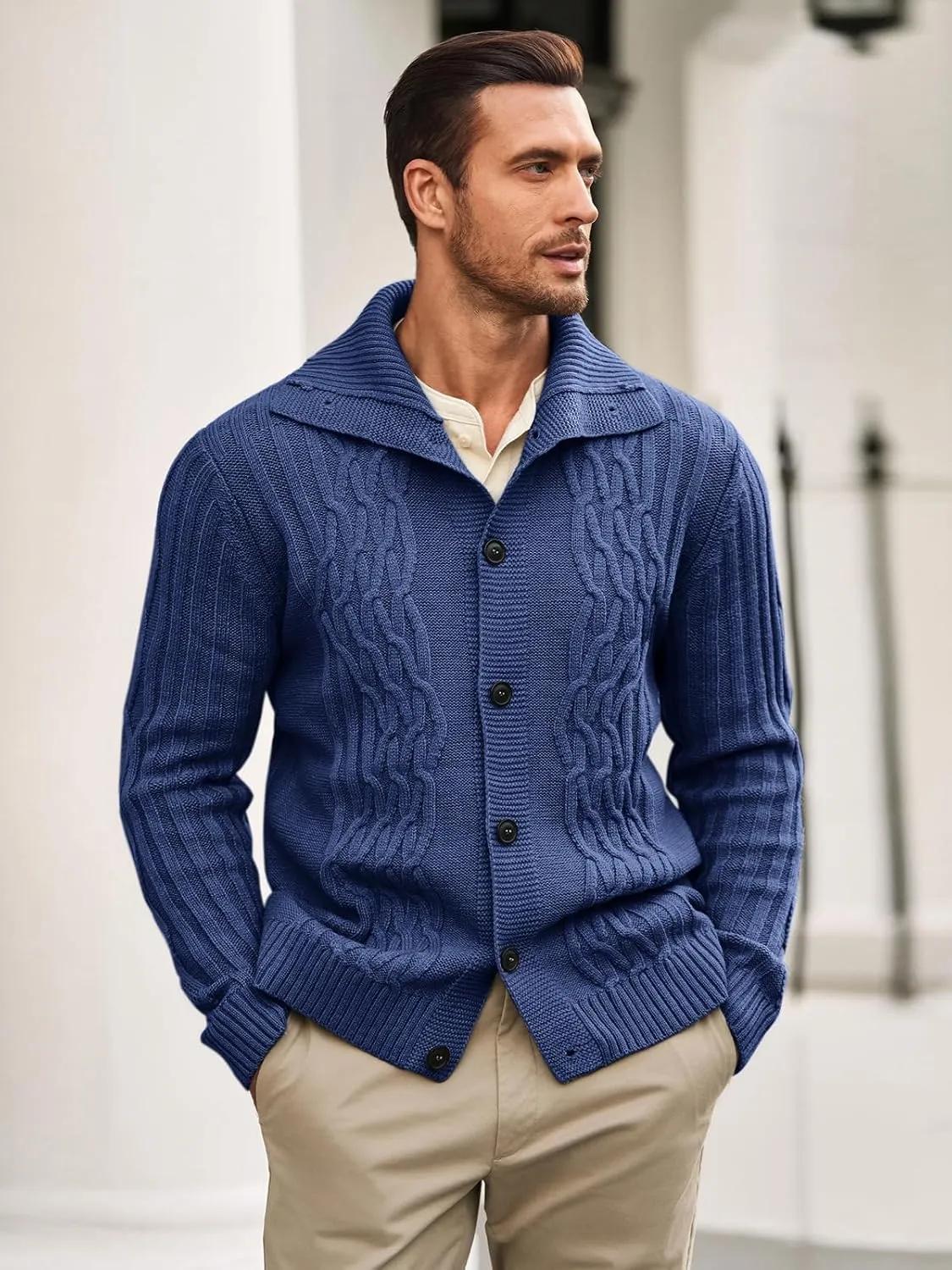 Runcati Mens Cardigan Sweater Cable Knit Button Down Long Sleeve Casual Winter Slim Fit Sweaters