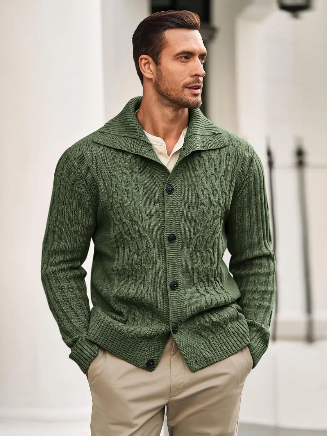 Runcati Mens Cardigan Sweater Cable Knit Button Down Long Sleeve Casual Winter Slim Fit Sweaters