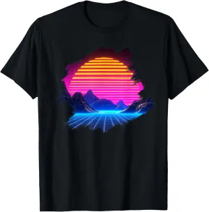 Sunset Over Canyon And Grid Mountains Landscape Synthwave T-Shirt