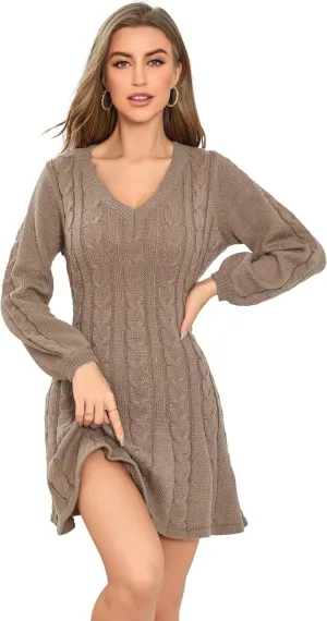 SweatyRocks Women's Cable Knit Short V Neck Sweater Dress Soild Long Bishop Sleeve Flared Dresses