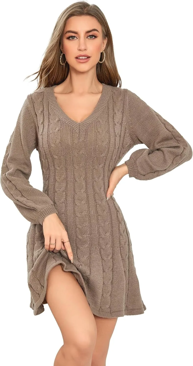 SweatyRocks Women's Cable Knit Short V Neck Sweater Dress Soild Long Bishop Sleeve Flared Dresses