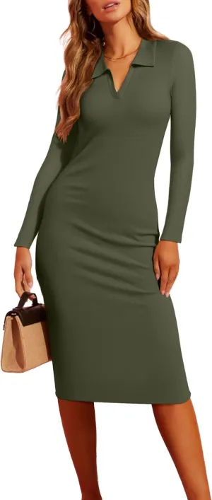 Valiamcep Women's Dress Long Sleeve V Neck Collared Ribbed Knit Bodycon Casual Midi Dresses
