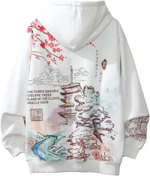 Women Men Aesthetic Japanese Sakura Hoodie, Y2K Anime Harajuku Cloth Korean Hooded Long Sleeve Sweatshirt for Winter Fall