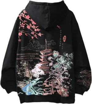 Women Men Aesthetic Japanese Sakura Hoodie, Y2K Anime Harajuku Cloth Korean Hooded Long Sleeve Sweatshirt for Winter Fall